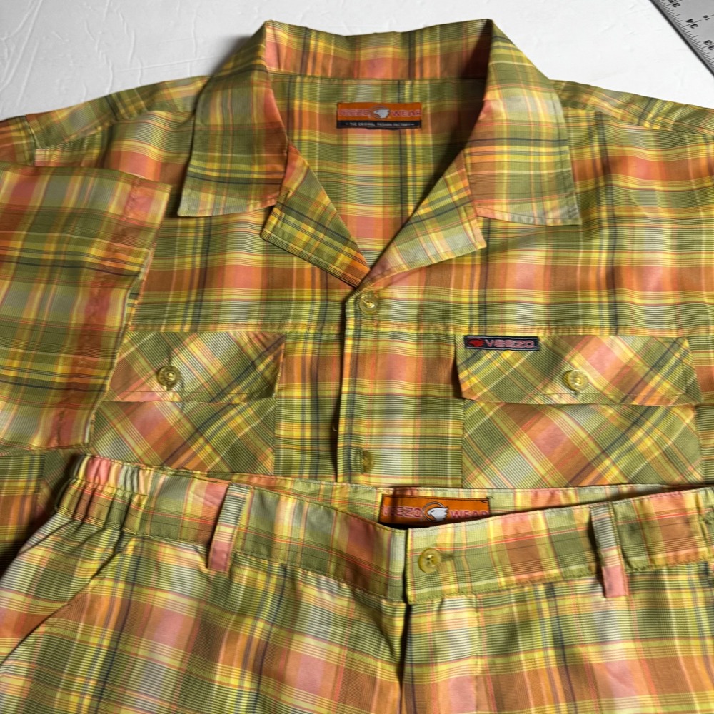 Veezo Wear Mens Plaid 2 Piece Set Shirt and Shorts Orange Green Streetwear 2X/XL